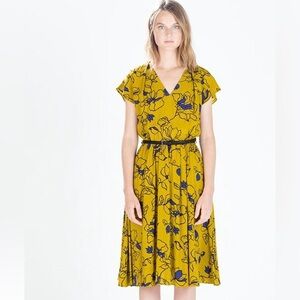Zara midi floral mustard pattern printed floral dress large v neck